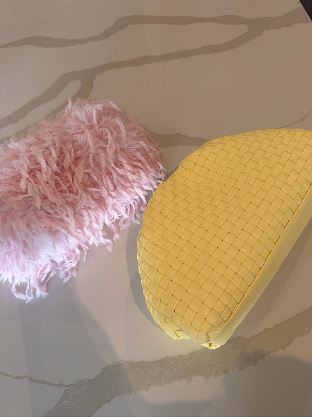 Woven Yellow Clutch with Pink Faux Fur Pouch Clutch (BOTH clutches!!)
